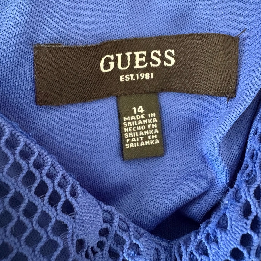 New Guess Blue Geometric Lace Sheath Midi Dress Size 14 - Picture 15 of 17